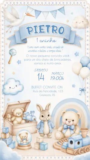 Convite Digital Ursinho e Brinquedos para Aniversário Editável