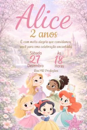 Convite de Aniversário Princesas da Disney Fofas Modelo Editável