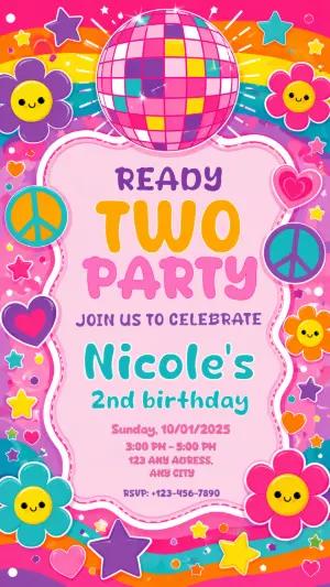 Groovy 'Ready Two Party' 2nd Birthday Editable Invitation