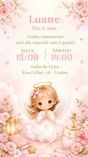 Convite de Aniversário Anjinha Aquarela Editável
