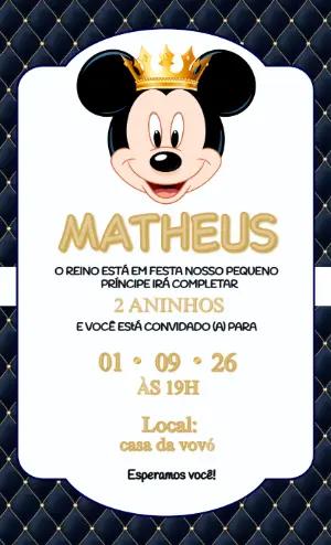 Convite de Aniversário Mickey Realeza Azul e Dourado Editável