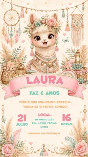 Convite de Aniversário Lhama Boho Editável para Menina