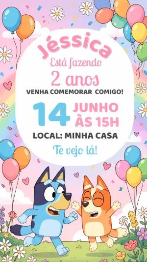 Convite de Aniversário Bluey e Bingo Colorido para Editar