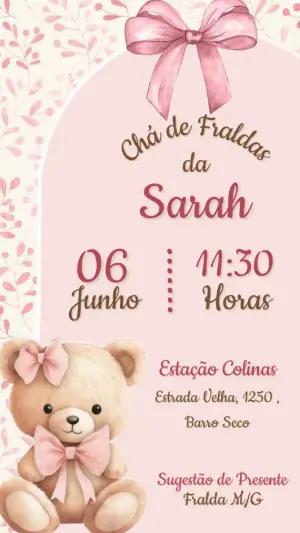 Convite Chá de Fraldas Ursinha Rosa Aquarela Editável
