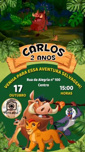 Convite Animado Aniversário Rei Leão Selva para Editar