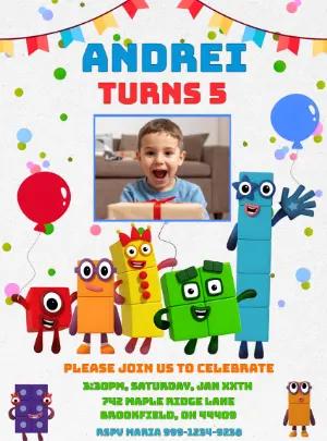Numberblocks Birthday Invitation with Photo - Editable Template