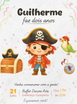 Convite de Aniversário Pirata Aquarela para Editar e Imprimir