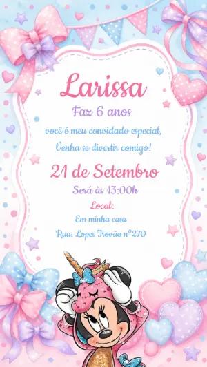 Convite de Aniversário Minnie Unicórnio Rosa e Azul Editável