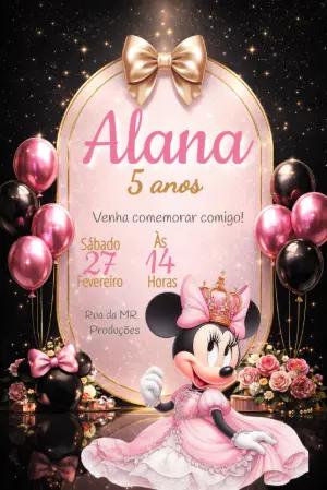 Convite Aniversário Minnie Princesa Rosa e Dourado para Editar
