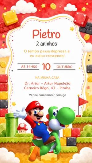 Convite de Aniversário Super Mario e Yoshi para Editar Online