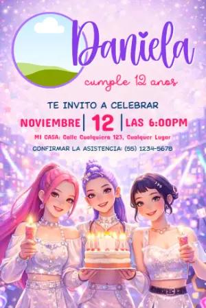 Invitación de Cumpleaños Las Guerreras K-Pop para Editar