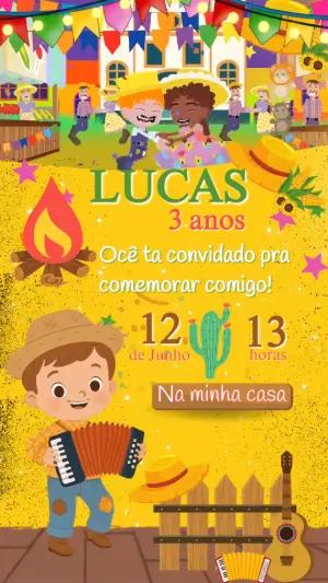 Convite Animado de Aniversário Festa Junina com Personagens para Editar