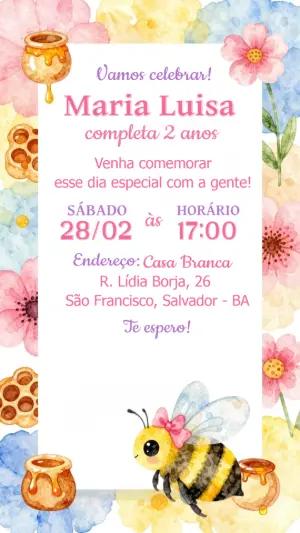 Convite de Aniversário Infantil Abelhinha Aquarela Editável