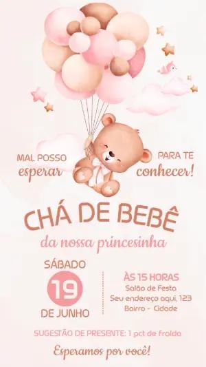 Convite Chá de Bebê Ursinha com Balões para Editar Online