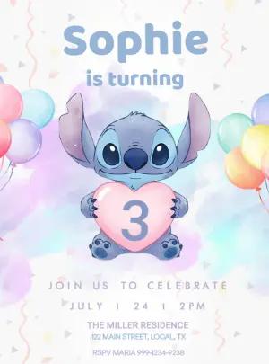 Stitch Watercolor Birthday Invitation Editable Template