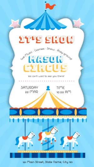 Blue Circus Carousel Party Invite - Editable Digital Template