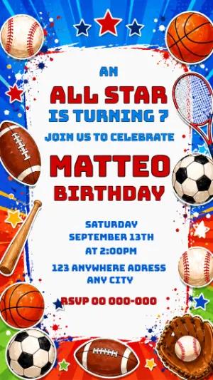 All Star Sports Birthday Invitation | Editable Template