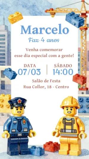 Convite de Aniversário Infantil Blocos de Montar Editável