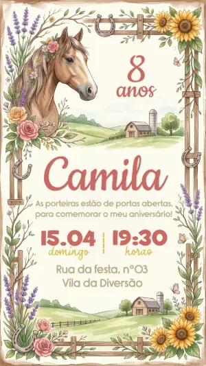Convite de Aniversário Country com Cavalo Aquarela Editável