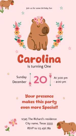 Cute Capybara Girl Birthday Invitation Editable Template