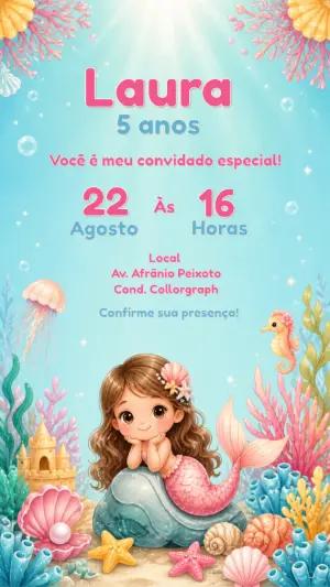 Convite Digital Aniversário Sereia Fofa para Editar Online