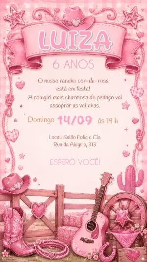 Convite de Aniversário Boiadeira Rosa Country Editável