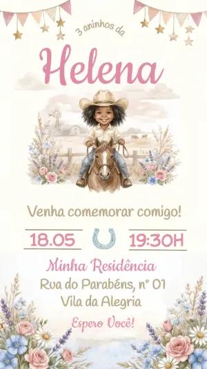 Convite Digital Aniversário Menina Cowgirl para Editar