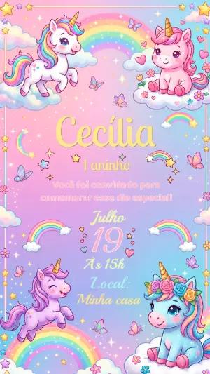 Convite de Aniversário Unicórnio Fofo Colorido para Editar