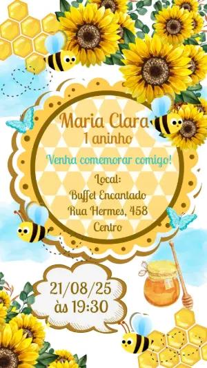 Convite Animado Aniversário Abelhinha com Girassol para Editar