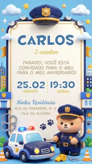 Convite de Aniversário Ursinho Policial 3D para Editar
