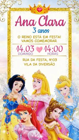 Convite Digital de Aniversário Princesas da Disney Editável