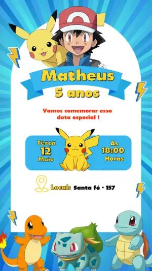 Convite de Aniversário Pokémon Azul e Amarelo para Editar