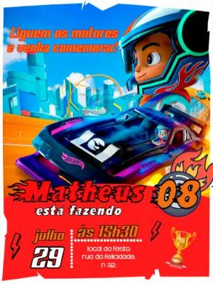 Convite de Aniversário Hot Wheels com Piloto na Pista Editável
