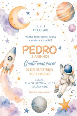 Convite de Aniversário Astronauta em Aquarela para Editar