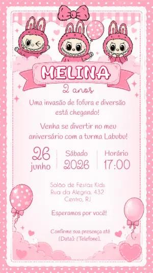 Convite de Aniversário Labubu Rosa para Menina Editável