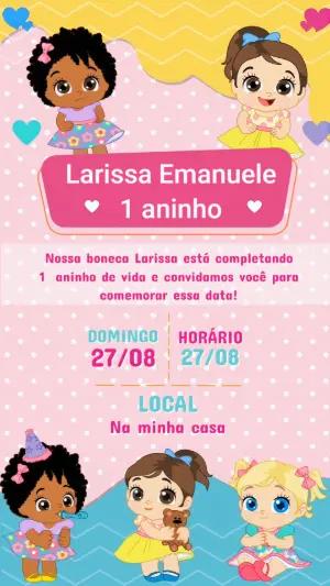 Convite Animado Aniversário Infantil Bonecas Colorido para Editar