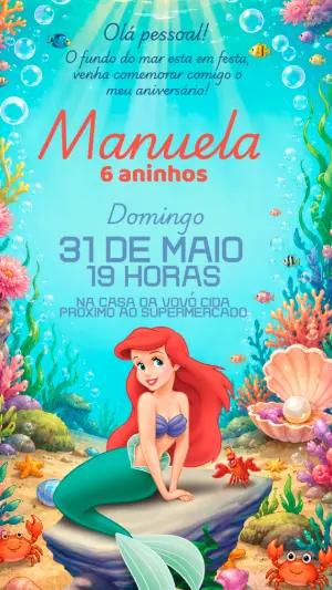Convite de Aniversário Pequena Sereia Ariel Editável