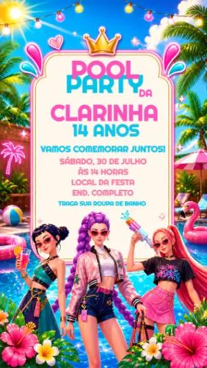 Convite de Aniversário Pool Party Demon Hunter K-pop Colorido para Editar