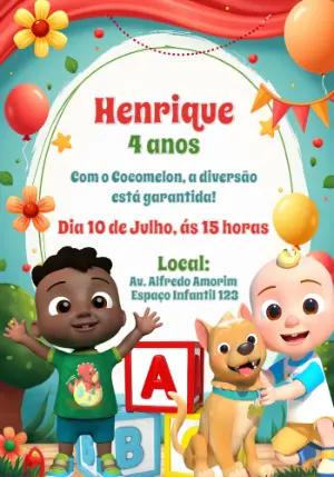 Convite de Aniversário Cocomelon com Personagens para Editar