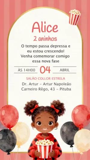 Convite de Aniversário Infantil Menina com Pipoca Editável