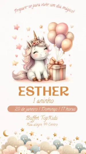 Convite de Aniversário Unicórnio Fofo em Tons Pastéis para Editar