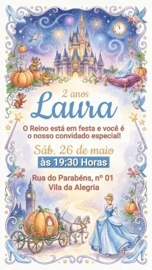 Convite de Aniversário Cinderela Aquarela para Editar
