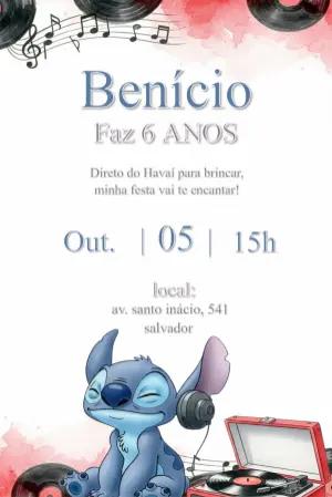 Convite de Aniversário Stitch Musical para Editar Online