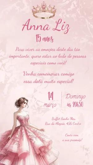 Convite de 15 Anos Princesa Rosa Elegante para Editar