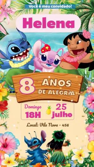 Convite de Aniversário Stitch e Lilo Tropical para Editar