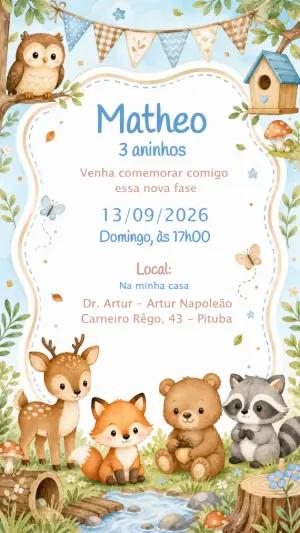 Convite Aniversário Bosque Encantado para Menino Editável