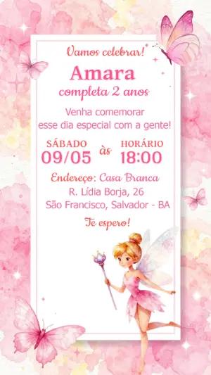 Convite de Aniversário Fada e Borboletas Rosa para Editar