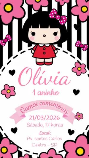 Convite de Aniversário Infantil Boneca Fofa Rosa e Preto Editável