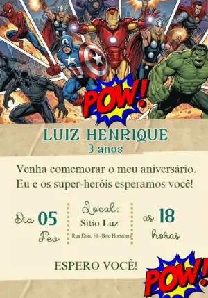 Convite de Aniversário Vingadores estilo quadrinhos para editar