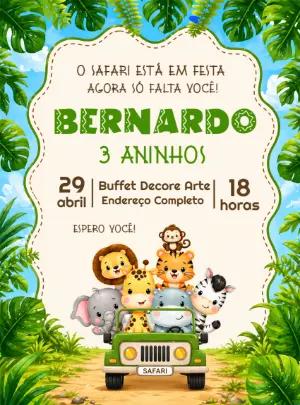Convite de Aniversário Safari com Animais Fofos para Editar